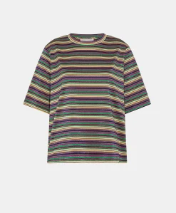 Donne Momonì T-Shirts E Top-Thirt Iora In Jersey Lurex A Righe - Multicolor Verde