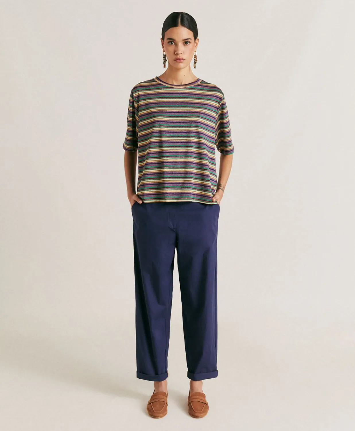 Donne Momonì T-Shirts E Top-Thirt Iora In Jersey Lurex A Righe - Multicolor Verde