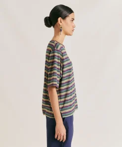 Donne Momonì T-Shirts E Top-Thirt Iora In Jersey Lurex A Righe - Multicolor Verde