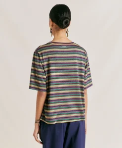 Donne Momonì T-Shirts E Top-Thirt Iora In Jersey Lurex A Righe - Multicolor Verde