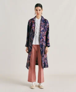 Donne Momonì Trench E Cappotti-Trench Bados In Twill Di Seta - Blu Notte Multicolor