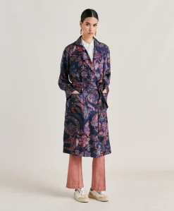 Donne Momonì Trench E Cappotti-Trench Bados In Twill Di Seta - Blu Notte Multicolor
