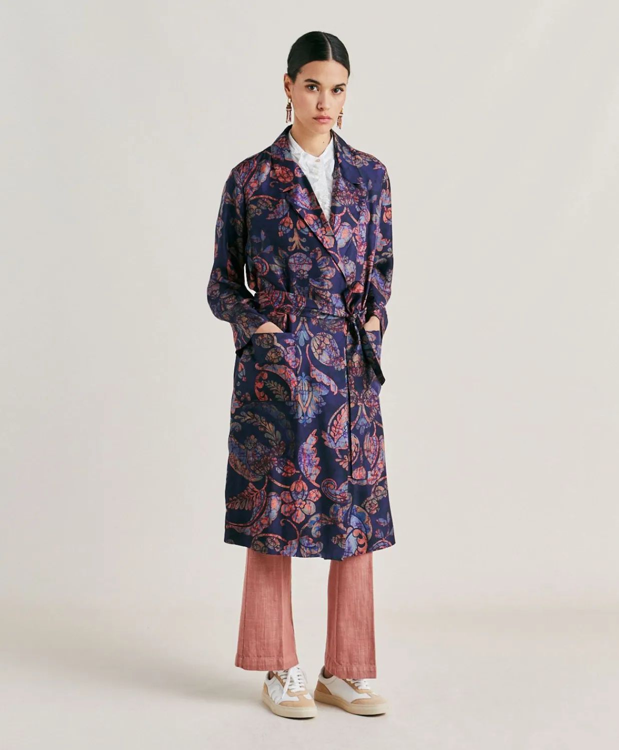 Donne Momonì Trench E Cappotti-Trench Bados In Twill Di Seta - Blu Notte Multicolor