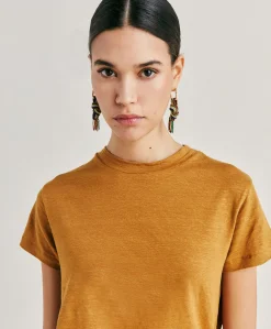 Donne Momonì T-Shirts E Top-Tshirt Lottie In Jersey Lino - Caramello