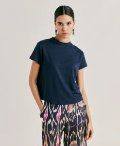 Donne Momonì T-Shirts E Top-Tshirt Lottie In Jersey Lino - Blu Notte