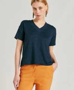 Donne Momonì T-Shirts E Top-Tshirt Nancy In Jersey Lino - Blu Notte