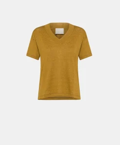 Donne Momonì T-Shirts E Top-Tshirt Nancy In Jersey Lino - Caramello