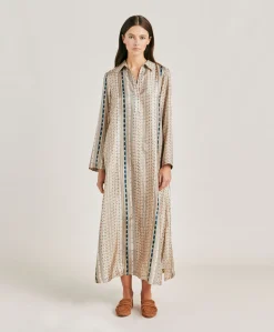 Donne Momonì Vestiti-Vestito Aligusta In Twill Di Seta - Sabbia Multicolor