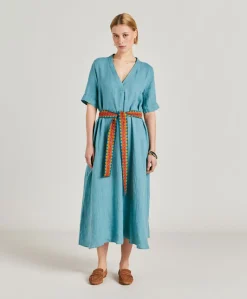 Donne Momonì Vestiti-Vestito Altamura In Lino - Ceruleo