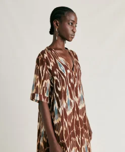 Donne Momonì Vestiti-Vestito Altamura In Viscosa Lino - Cacao Multicolor
