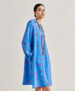 Donne Momonì Vestiti-Vestito Ambra In Crepe De Chine - Bluette/Fucsia
