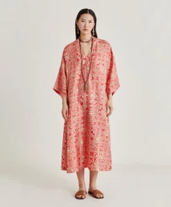Donne Momonì Vestiti-Vestito Faro In Twill Di Seta - Beige/ Corallo