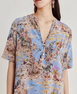 Donne Momonì Vestiti-Vestito Penelope In Crepe De Chine - Ceruleo Multicolor