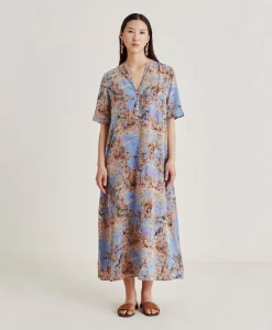 Donne Momonì Vestiti-Vestito Penelope In Crepe De Chine - Ceruleo Multicolor