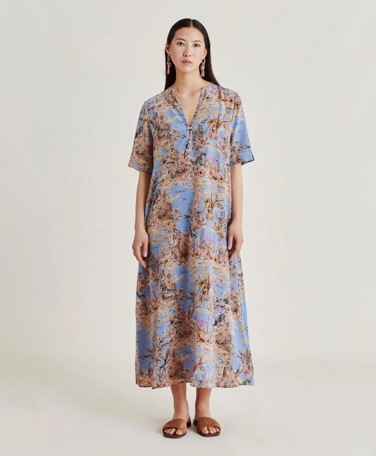 Donne Momonì Vestiti-Vestito Penelope In Crepe De Chine - Ceruleo Multicolor
