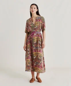 Donne Momonì Vestiti-Vestito Penelope In Crepe De Chine - Oliva Multicolor