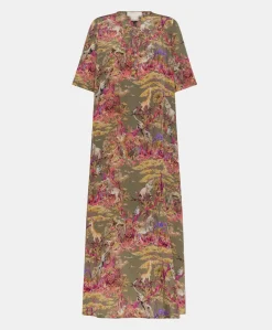 Donne Momonì Vestiti-Vestito Penelope In Crepe De Chine - Oliva Multicolor