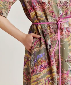 Donne Momonì Vestiti-Vestito Penelope In Crepe De Chine - Oliva Multicolor
