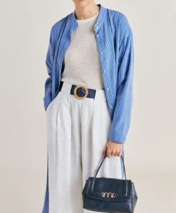 Donne Momonì Vestiti-Vestito Zaira A Righe In Seta Viscosa - Azzurro/Panna