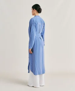 Donne Momonì Vestiti-Vestito Zaira A Righe In Seta Viscosa - Azzurro/Panna